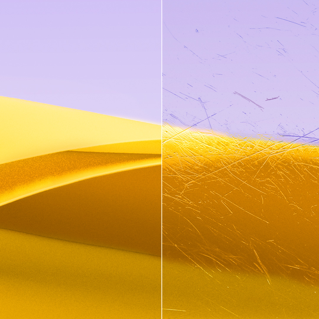 Imagini divizate ale unei lentile incolore și curate cu ZEISS DuraVision Gold UV și o lentilă cu zgârieturi.