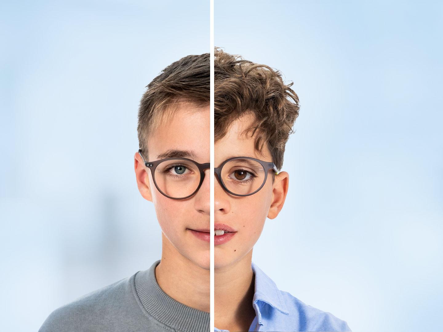 Jumătate din fața unui băiat adolescent lângă o jumătate din fața unui băiat mai tânăr.