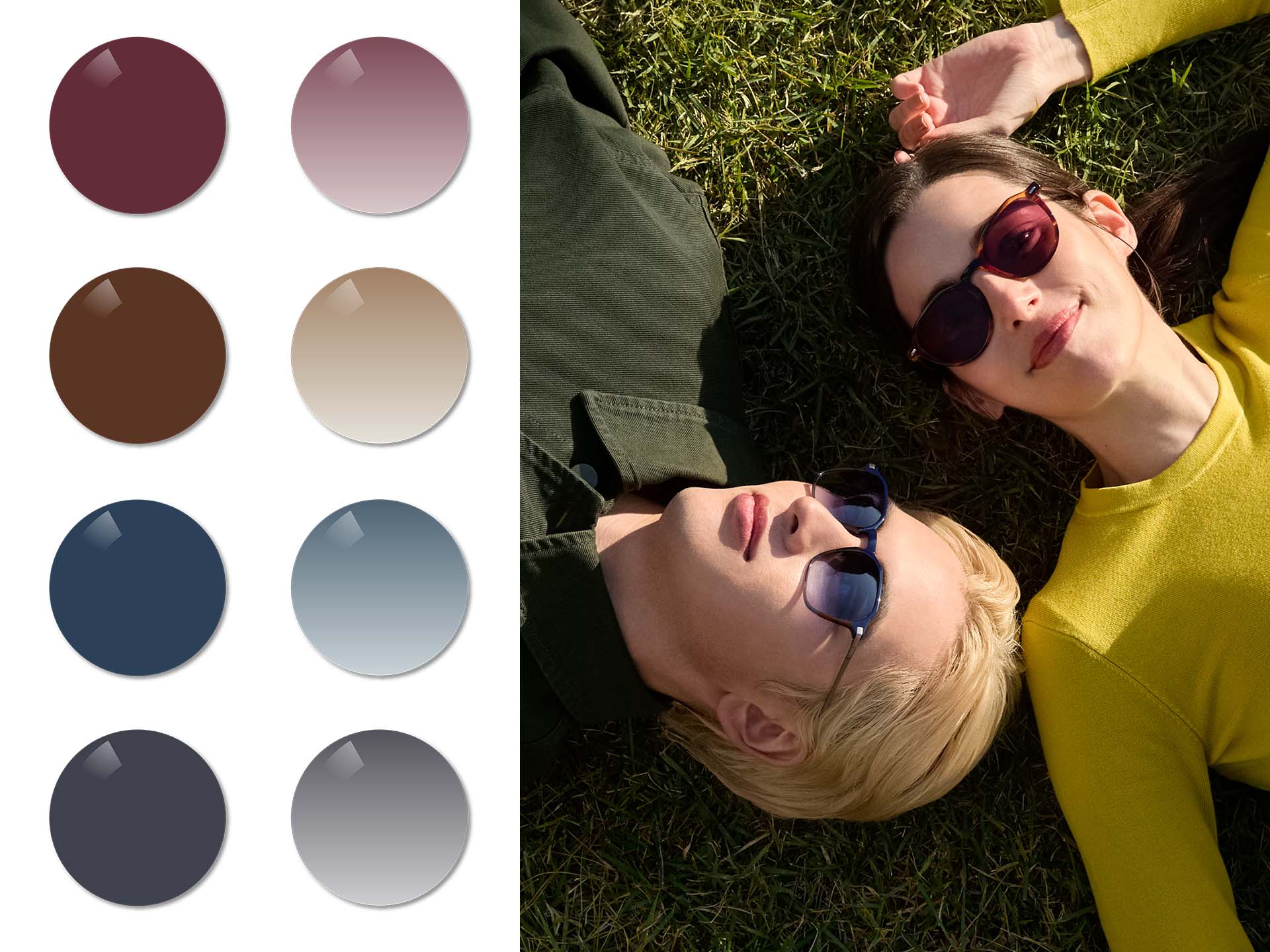 Un bărbat, purtând lentile ZEISS Sun Rx în degrade Midnight Blue, și o femeie, purtând lentile pentru ochelari de soare ZEISS cu rețetă în nuanța uniformă Burgundy, întinși pe iarbă. În continuare, sunt ilustrate culorile Burgundy, Copper Brown, Midnight Blue și Dusk Grey, în nuanțe uniforme și în degrade.