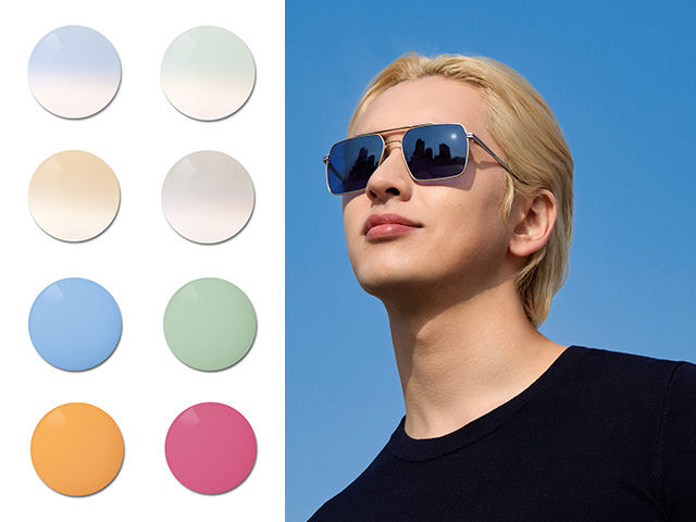 Un tânăr purtând lentile ZEISS Sun Rx în nuanță uniformă albastru. În continuare este ilustrată paleta de culori a nuanțelor speciale, care variază de la degradeuri pastelate la nuanțe uniforme puternice și colorate.