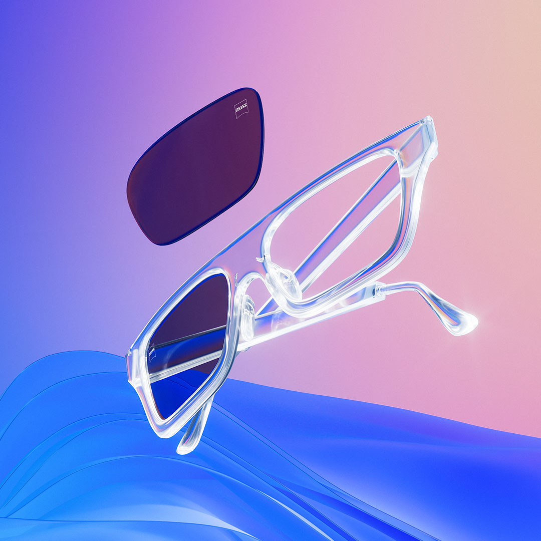 Ilustrație CGI 3D a unei rame de ochelari transparente cu lentile colorate.