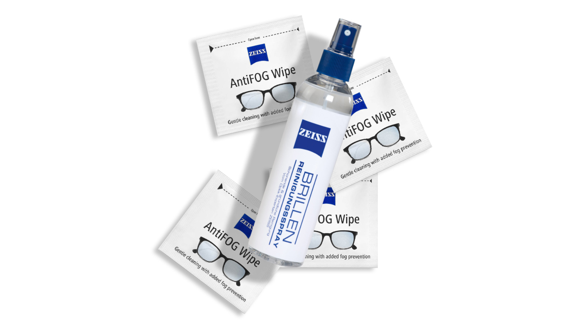 O imagine cu șervețele și spray pentru curățarea lentilelor ZEISS