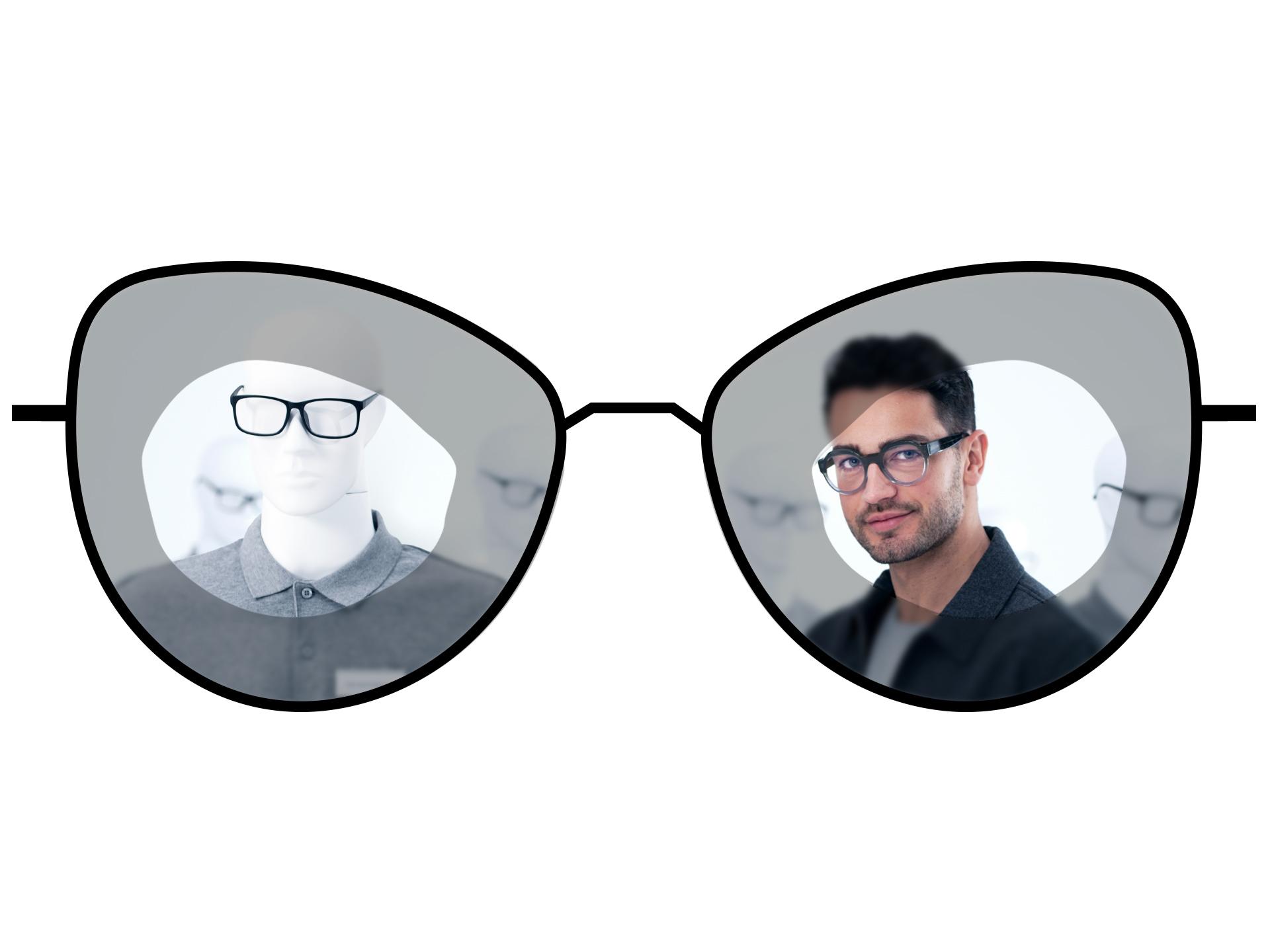 Ilustrație cu ochelari de vedere care prezintă zonele neclare ale lentilelor monofocale standard în comparație cu zonele mari și clare ale lentilelor monofocale ZEISS ClearView