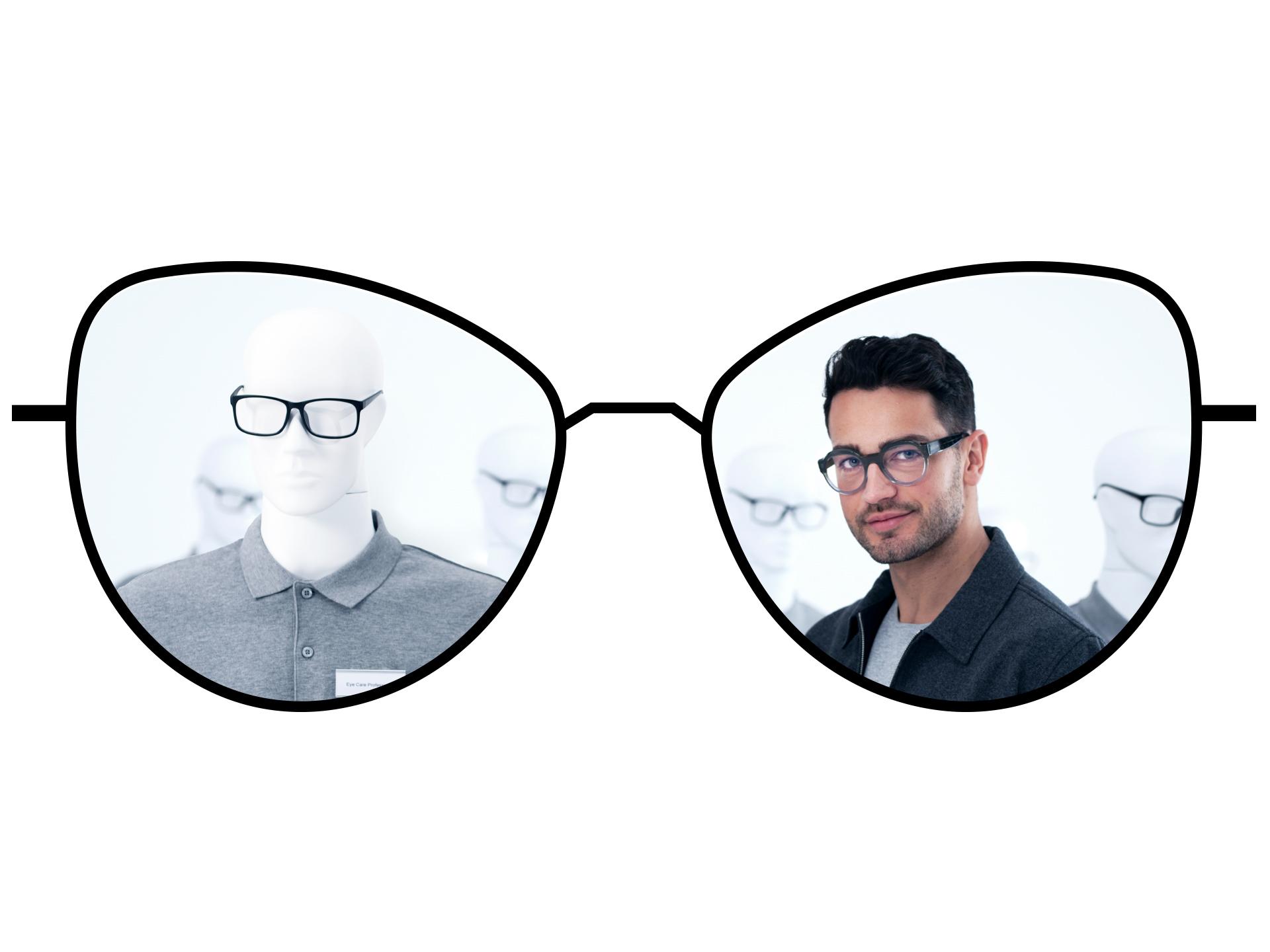 Ilustrație cu ochelari de vedere care prezintă zonele neclare ale lentilelor monofocale standard în comparație cu zonele mari și clare ale lentilelor monofocale ZEISS ClearView
