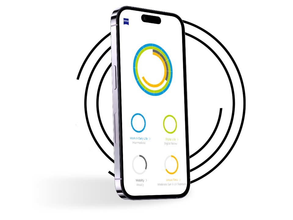 Un smartphone în fața inelelor negre arată profilul vizual al unui utilizator Profilul meu vizual cu inele colorate diferit. 