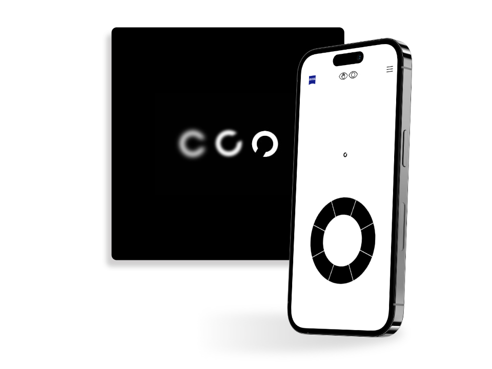 Un smartphone cu un ecran de exercițiu ZEISS Test de Verificare a Vederii Online, stând în fața unui buton pătrat negru care prezintă cercuri diferite, ascuțite, cu o deschidere în direcții diferite, utilizat în mod obișnuit la testele de vedere.