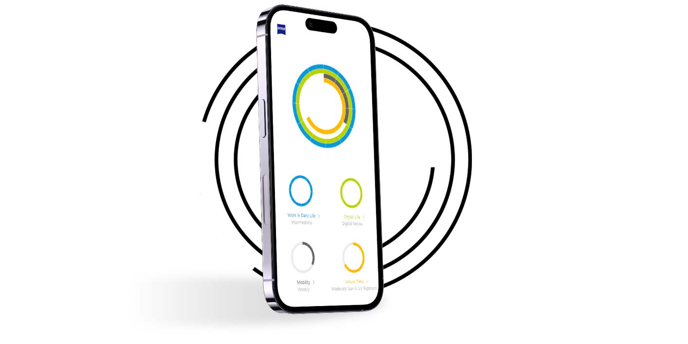 Un smartphone în fața inelelor negre arată profilul vizual al unui utilizator Profilul meu vizual cu inele colorate diferit.