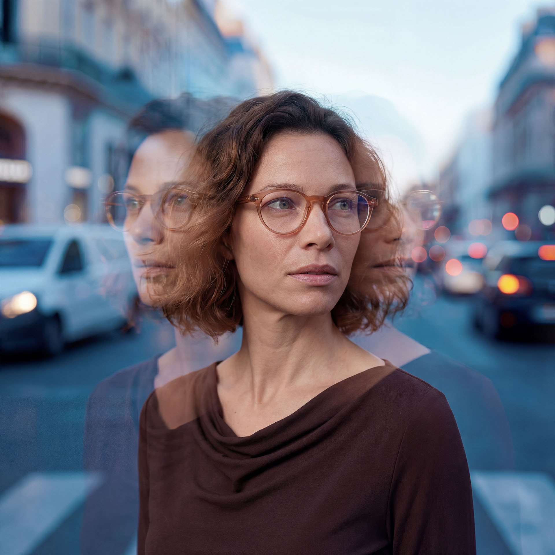 O persoană care poartă ochelari convenționali pe o stradă aglomerată cu efecte de expunere multiplă. 