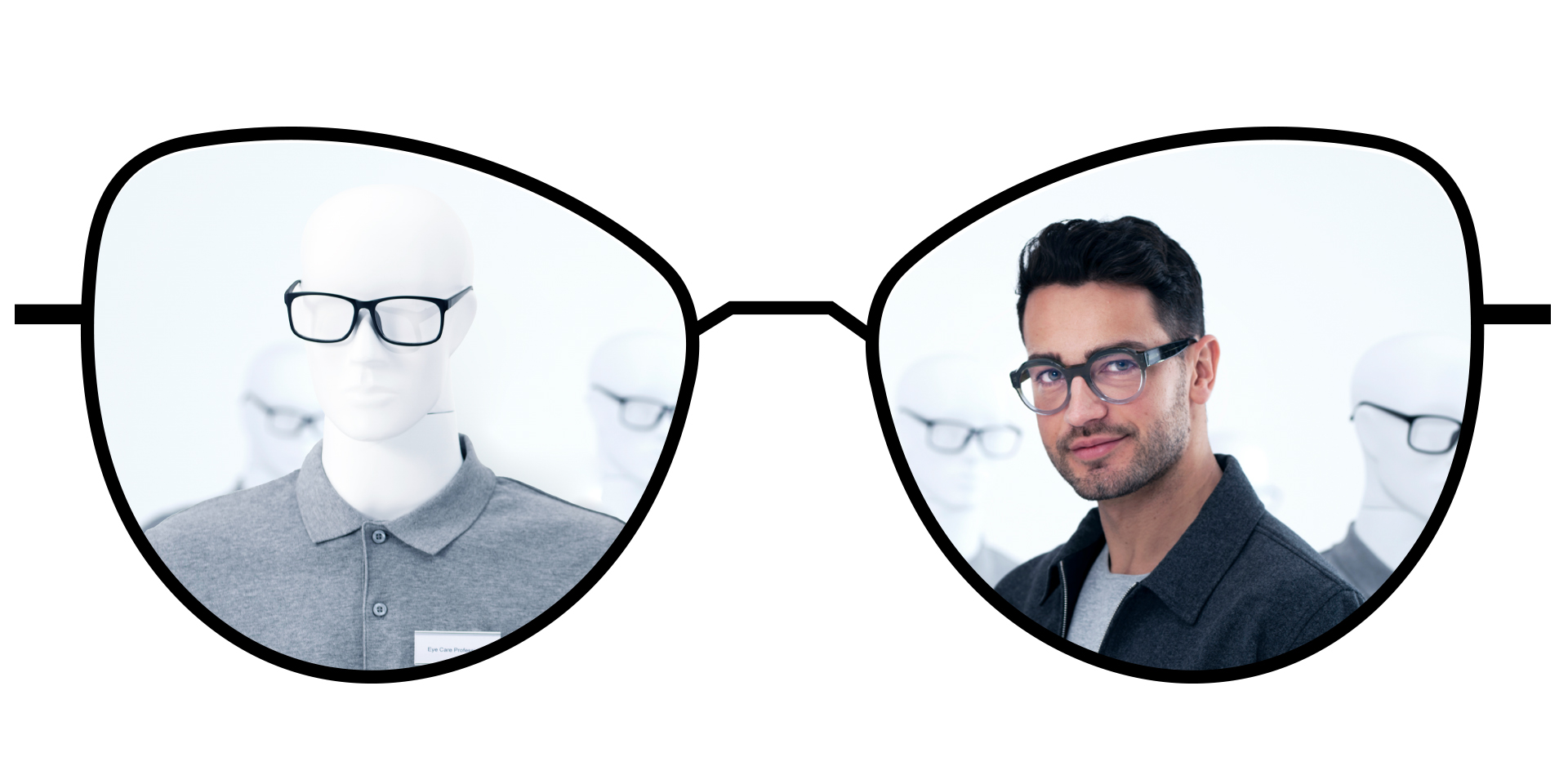 Ilustrația cu ochelari de vedere care prezintă zonele neclare ale lentilelor monofocale standard în comparație cu zonele mari și clare ale lentilelor monofocale ZEISS ClearView.