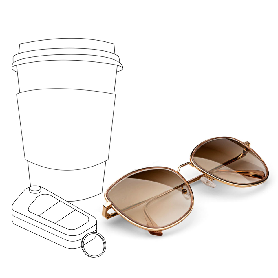 Ilustrație cu o ceașcă de cafea și chei de mașină alături de o imagine reală a lentilelor ZEISS de soare în maro.