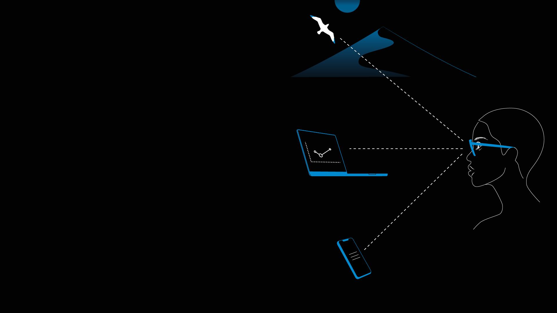 O ilustrație a unei femei care poartă ochelari și ilustrații pe un telefon, laptop și peisaj care demonstrează cele trei zone de distanță susținute de lentilele progresive.