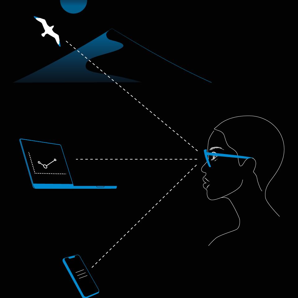 O ilustrație a unei femei care poartă ochelari și ilustrații pe un telefon, laptop și peisaj care demonstrează cele trei zone de distanță susținute de lentilele progresive.