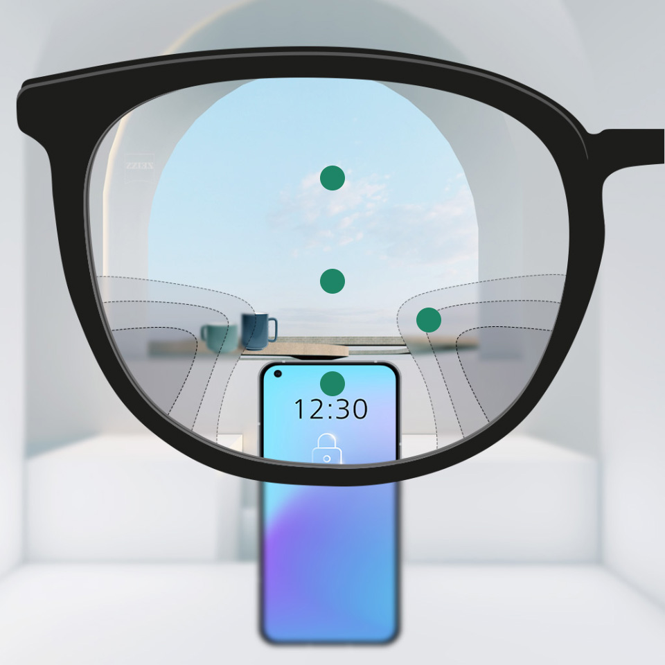 O imagine ilustrativă cu punct de vedere cu lentile de ochelari cu design hibrid care arată un câmp vizual larg la apropiere, la distanțe intermediare și la depărtare și tranziții line între zonele neclare.