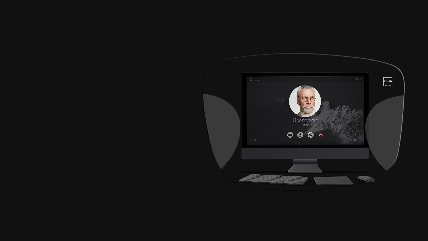Vizualizarea unui computer desktop, a tastaturii, a mouse-ului și a unei cărți printr-o ilustrație schematică a unor ochelari cu lentile ZEISS Office arată că totul este clar datorită zonelor optimizate pentru vederea la apropiere și semi-distanță.