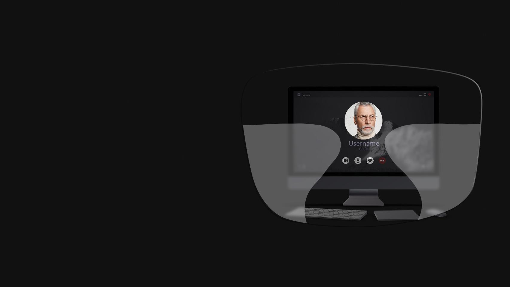 Vizualizarea unui computer desktop, a tastaturii, a mouse-ului și a unei cărți printr-o ilustrație schematică a unor ochelari cu lentile progresive arată că zonele pentru vederea la apropiere și semi-distanță sunt prea mici pentru o vedere clară a ecranului.
