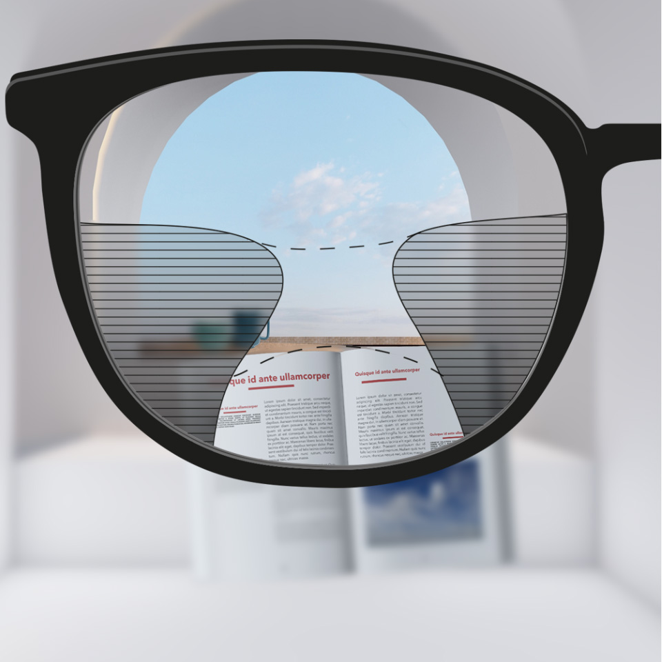 Un glisor de imagine care prezintă lentile multifocale convenționale în partea stângă, cu zone de vizualizare relativ limitate, în comparație cu lentilele premium din partea dreaptă, care au o vedere clară pe o suprafață mai mare a lentilelor.