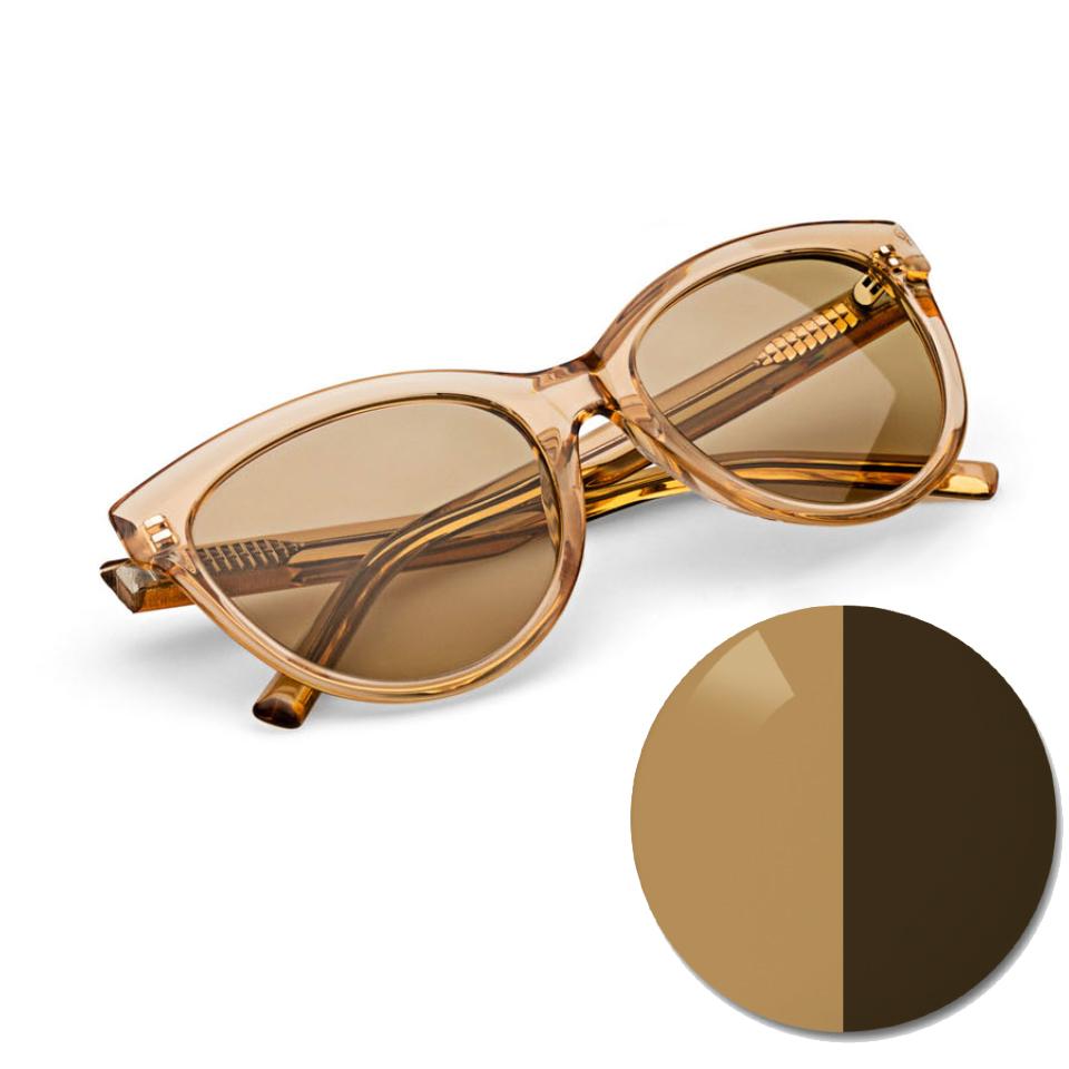 Ochelari cu ZEISS AdaptiveSun maro solid și un punct de culoare în nuanță de culoare deschisă și închisă