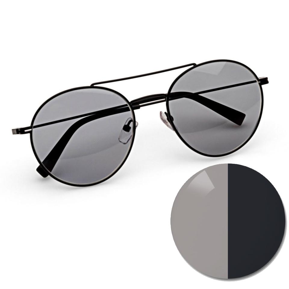 Ochelari cu ZEISS AdaptiveSun gri solid și un punct de culoare în nuanță de culoare deschisă și închisă