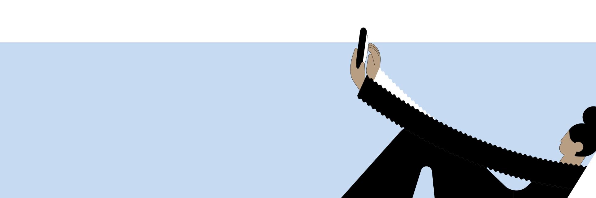 O ilustrare a unei femei care își ține smartphone-ul cu brațele foarte întinse.