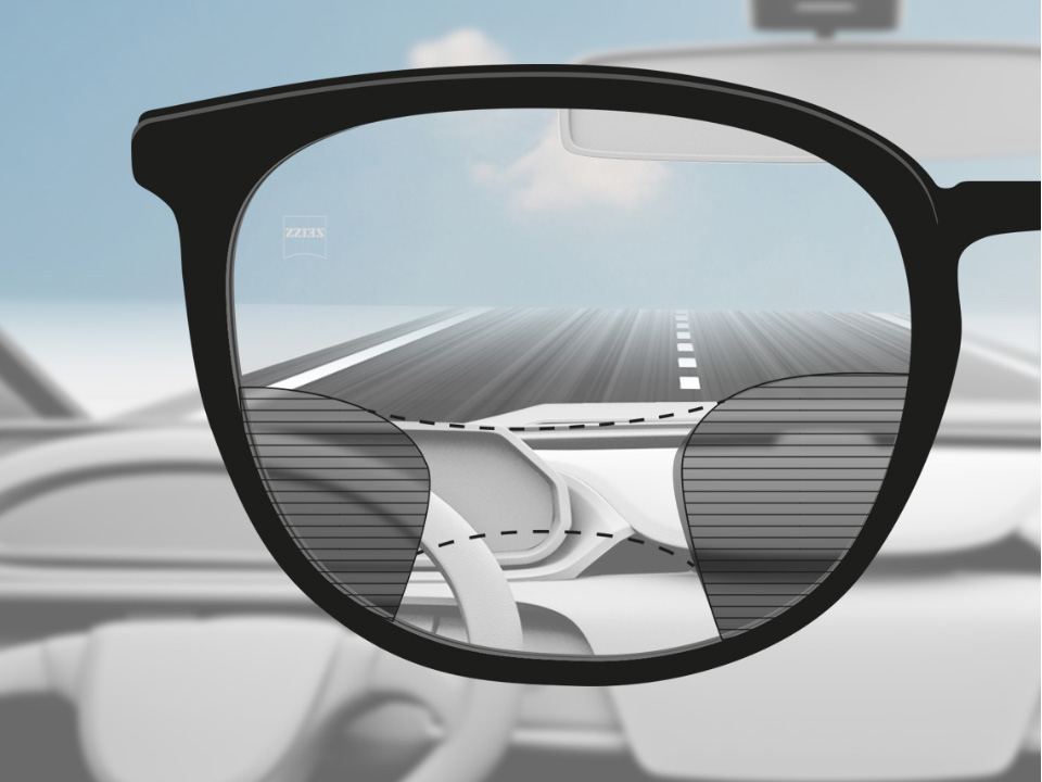 O imagine cu punct de vedere a unui șofer cu lentilele progresive ZEISS DriveSafe cu vedere clară pe stradă și la bord și cu părți subțiri neclare la stânga și la dreapta. 