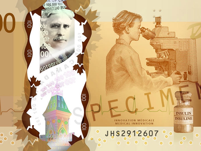 Vedere de aproape a bancnotei de 100 de dolari canadieni, care prezintă printre altele un microscop ZEISS.