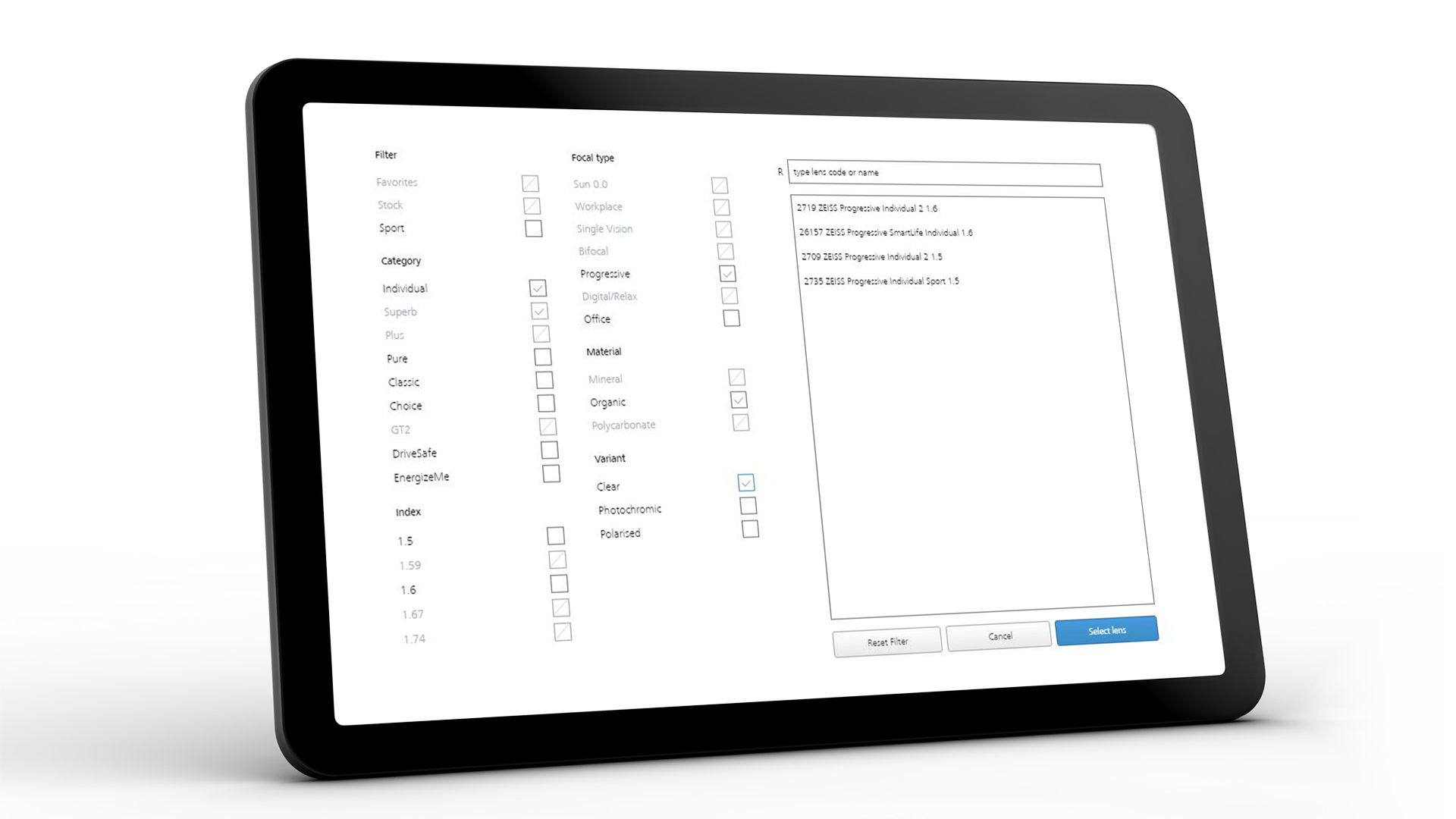 Ecranul tabletei care prezintă interfața ZEISS VISUSTORE pentru ajutoare de introducere a informațiilor 