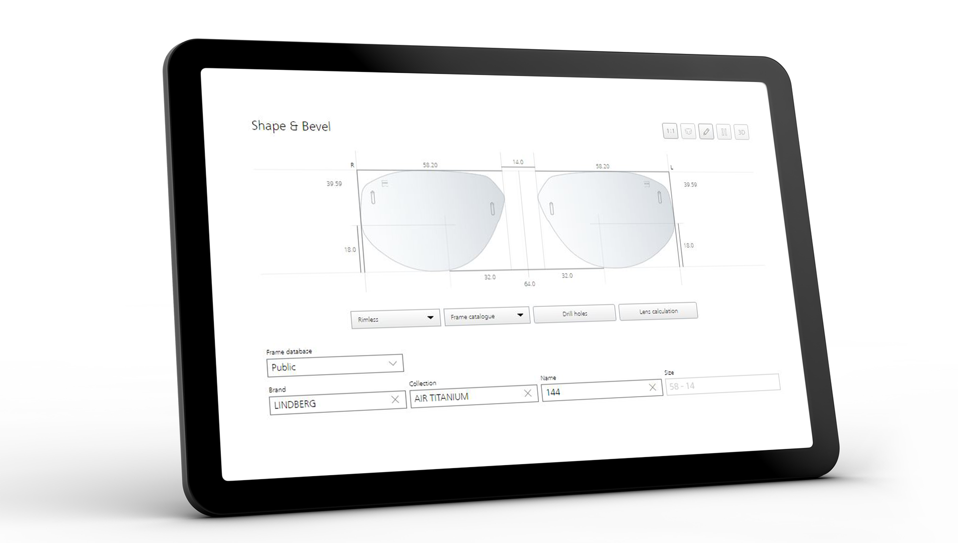 Ecranul tabletei care prezintă interfața ZEISS VISUSTORE pentru formă și înclinație. 