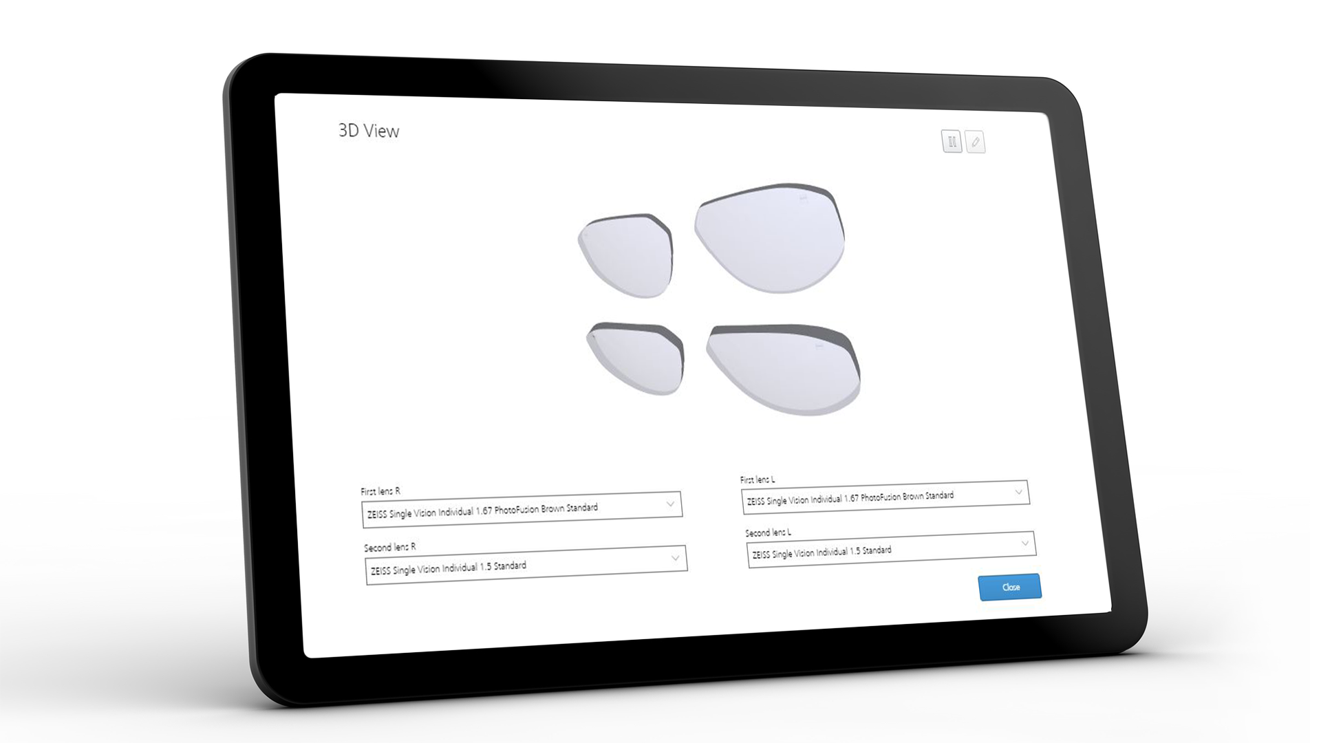 Ecranul tabletei care prezintă interfața ZEISS VISUSTORE pentru vizualizare 3D 