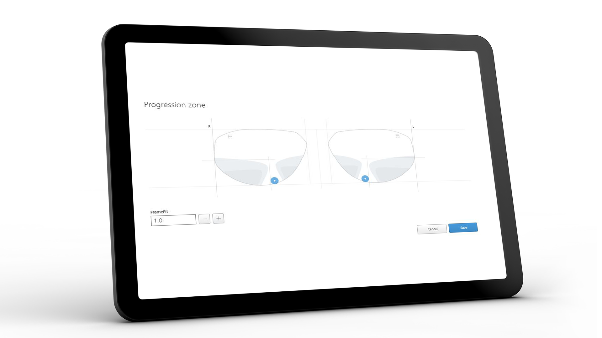Ecranul tabletei care prezintă interfața ZEISS VISUSTORE pentru zona de progresie 