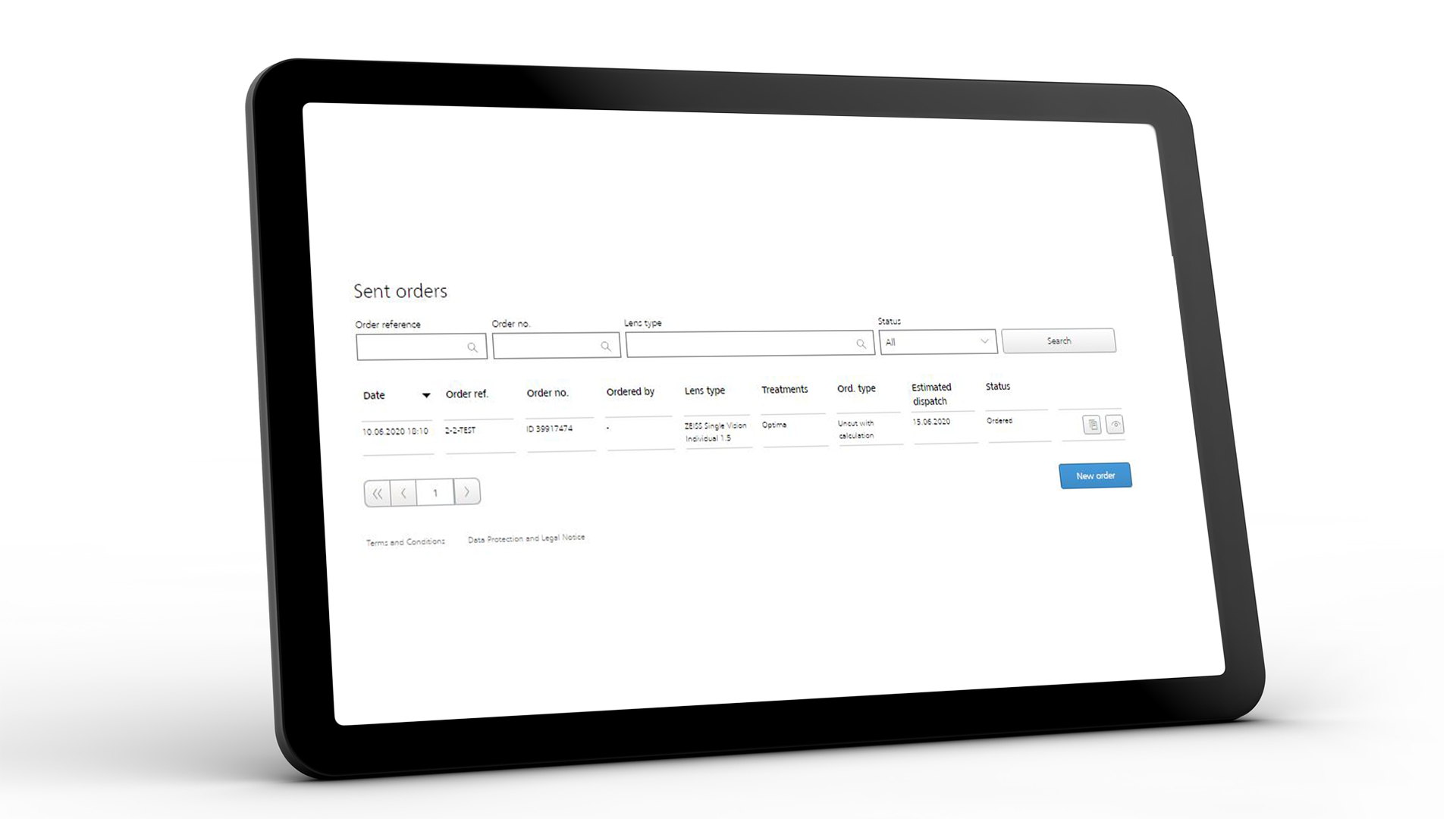 Ecranul tabletei care prezintă interfața ZEISS VISUSTORE pentru comenzi trimise 