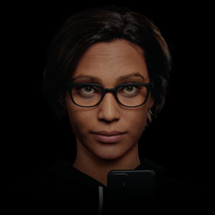 Ilustrație animată a persoanei care își mișcă ochii și capul, privind prin diferite părți ale ochelarilor SmartLife la smartphone și la distanțe diferite într-un model de spațiu-obiect 3D, urmată de sute de puncte de lumină de date care formează numărul 12.5