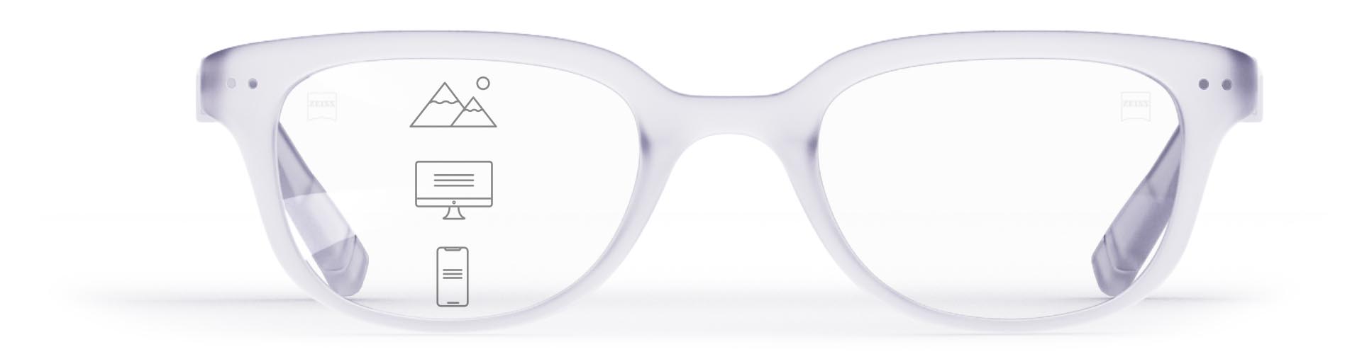 Lentile progresive ZEISS SmartLife într-o ramă transparentă elegantă, cu pictograme care indică diferitele zone de vedere, apropiere, intermediar și depărtare