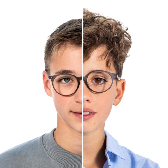 Jumătate dintr-un băiat adolescent se confruntă cu o jumătate din fața unui băiat mai tânăr, trecând la portretul complet al băieților tineri, cu o scanare a feței și a cadrului care apare